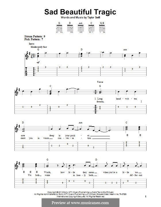 Sad Beautiful Tragic: For guitar with tab by Taylor Swift