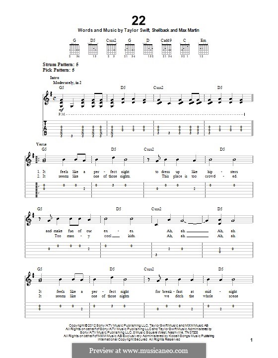 22: For guitar with tab by Taylor Swift