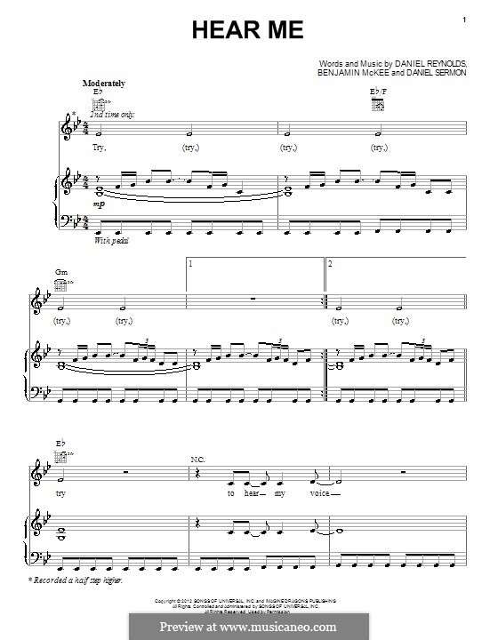 Hear Me (Imagine Dragons): For voice and piano (or guitar) by Benjamin McKee, Daniel Reynolds, Daniel Sermon