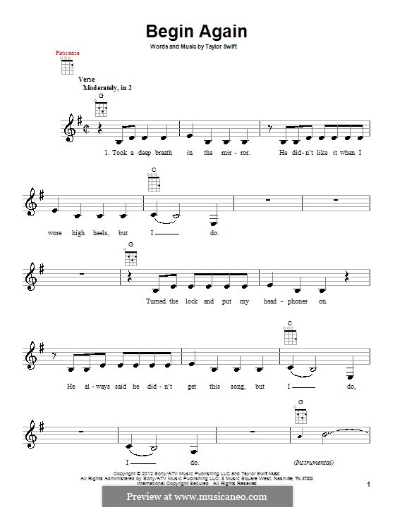 Begin Again By T Swift Sheet Music On Musicaneo