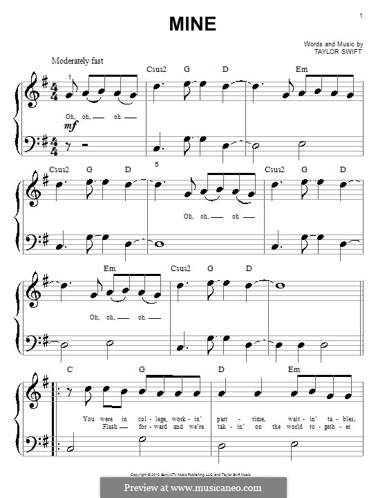 Mine: For piano by Taylor Swift