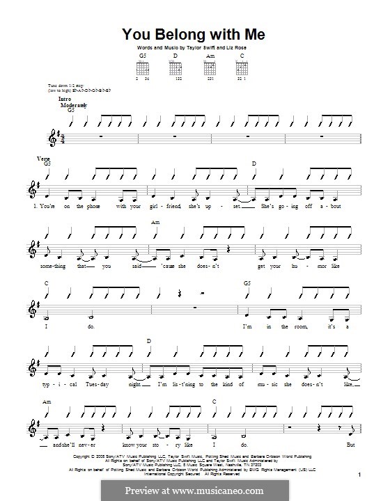 You Belong with Me (Taylor Swift): For guitar with tab by Liz Rose