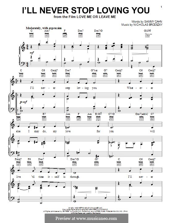 I'll Never Stop Loving You (Doris Day): For voice and piano (or guitar) by Nicholas Brodszky