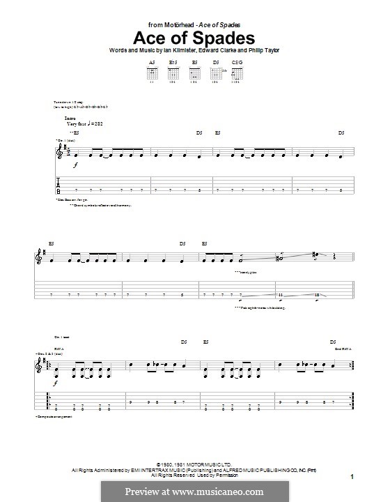 Ace of Spades (Motorhead): For guitar with tab by Edward Clarke, Ian Kilmister, Philip Taylor