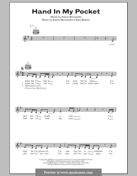 Hand In My Pocket (from Jagged Little Pill The Musical): Lyrics and chords by Alanis Morissette, Glen Ballard
