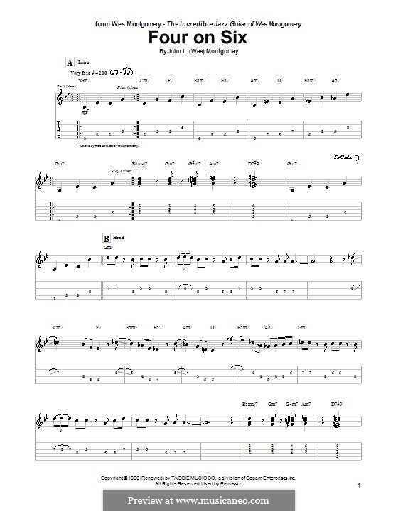 Four on Six: For guitar with tab by Wes Montgomery