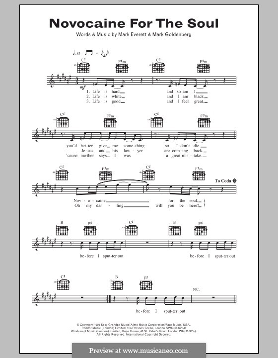 Novocaine for the Soul (Eels): Lyrics and chords by Mark Everett, Mark Goldenberg