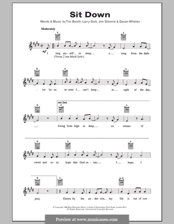 Sit Down (James): Lyrics and chords by Gavan Whelan, Jim Glennie, Lawrence Gott, Tim Booth