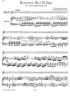 Concerto for Horn and Orchestra No.1 in D Major, K.412: Arrangement for horn in D and piano by Wolfgang Amadeus Mozart