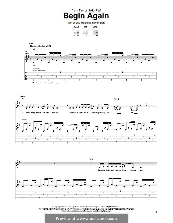 Begin Again: For guitar with tab by Taylor Swift