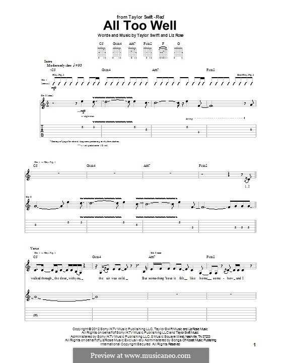 All Too Well (Taylor Swift): For guitar with tablature by Liz Rose