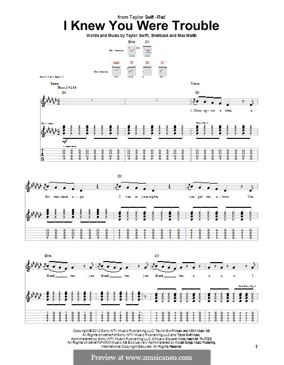 I Knew You Were Trouble (Taylor Swift): For guitar with tablature by Shellback, Max Martin