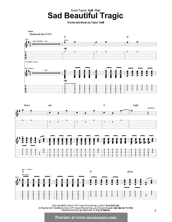 Sad Beautiful Tragic: Guitar tablature by Taylor Swift