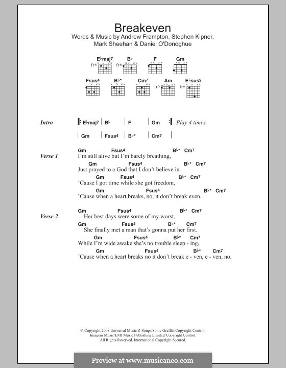 Breakeven (The Script): Lyrics and chords by Andrew Frampton, Danny O'Donoghue, Mark Sheehan, Stephen Alan Kipner