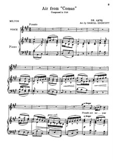 Comus: Aria 'Preach not me your musty Rules', for voice and piano by Thomas Augustine Arne