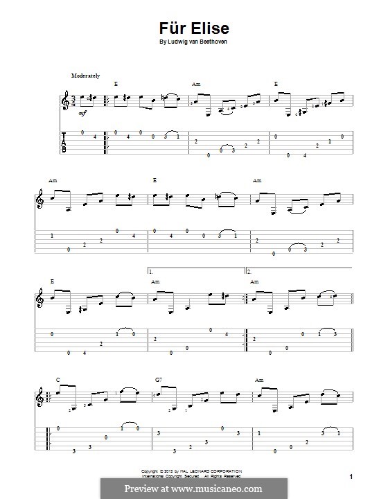 For Elise (Printable Scores), WoO 59: For guitar with tab by Ludwig van Beethoven