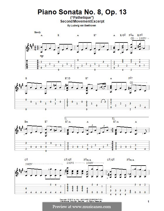 Movement II (Printable scores): Version for guitar with tab by Ludwig van Beethoven