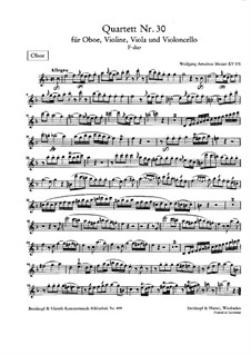 Quartet for Oboe and Strings in F Major, K.370: Parts by Wolfgang Amadeus Mozart