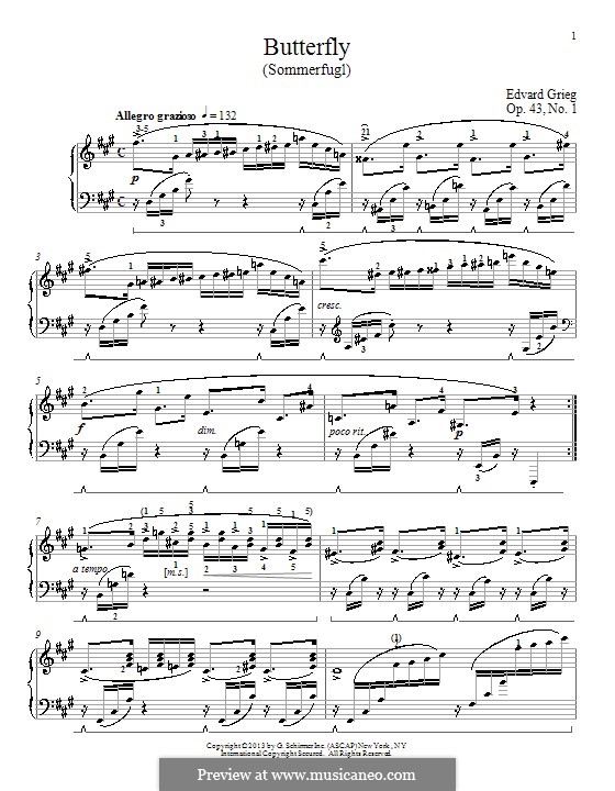 Butterfly (Sommerfugl), Op.43 No.1: For piano by William Westney