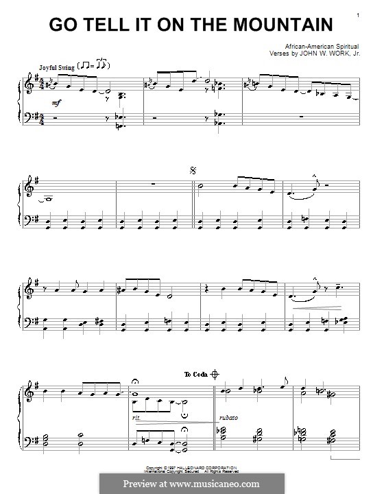 Go, Tell it on the Mountain (Printable Scores): For piano by folklore