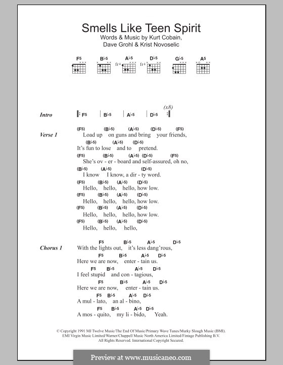 Vocal version: Lyrics and chords by David Grohl, Krist Novoselic, Kurt Cobain