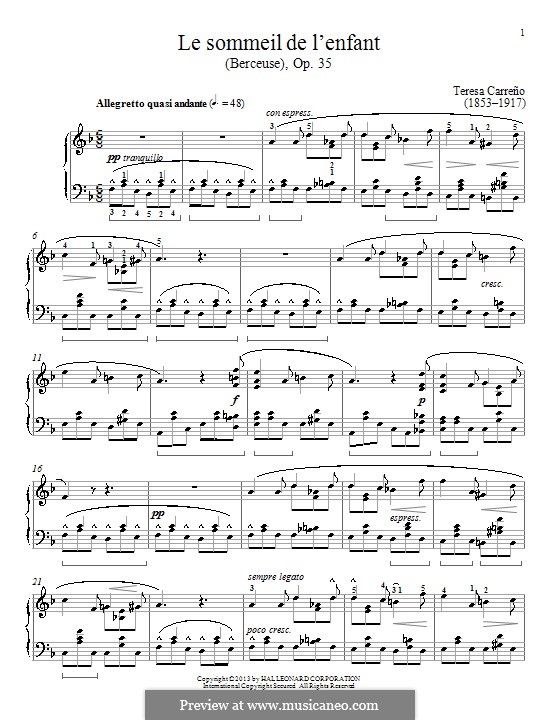 Le sommeil de l'enfant, Op.35: For piano by Teresa Carreño
