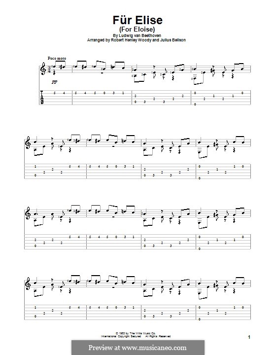 For Elise (Printable Scores), WoO 59: For guitar with tab by Ludwig van Beethoven