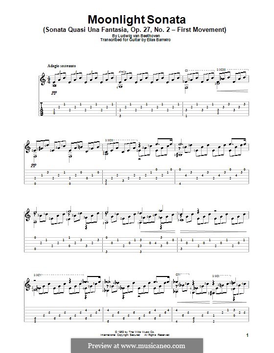 Movement I (Printable scores): Theme. Version for guitar with tab by Ludwig van Beethoven