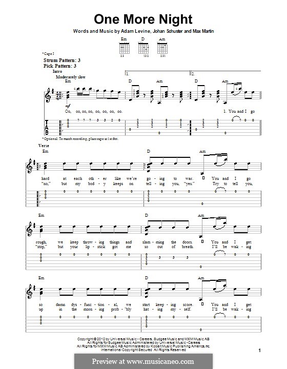 One More Night (Maroon 5): For guitar with tab by Shellback, Adam Levine, Max Martin