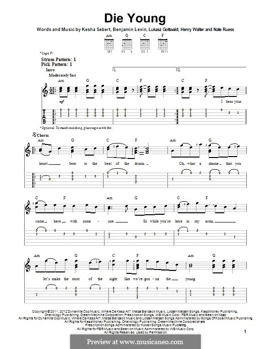 Die Young (Ke$ha): For guitar with tab by Benjamin Levin, Kesha Sebert, Lukas Gottwald, Henry Russell Walter, Nathaniel Ruess