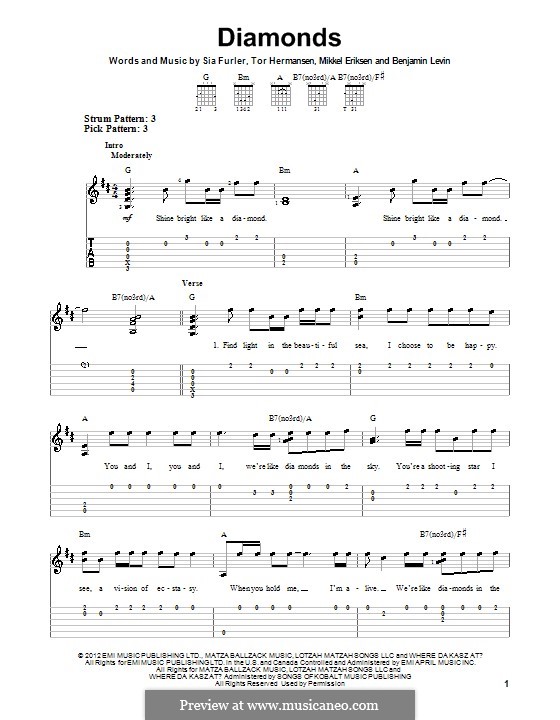 Diamonds (Rihanna): For guitar with tab by Benjamin Levin, Mikkel Storleer Eriksen, Sia Furler