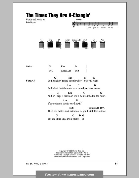 The Times They Are A-Changin': Lyrics and chords by Bob Dylan