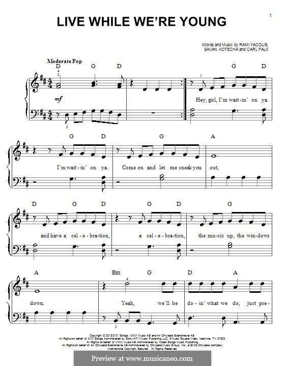 Live While We're Young (One Direction): For piano by Carl Falk, Rami Yacoub, Savan Kotecha