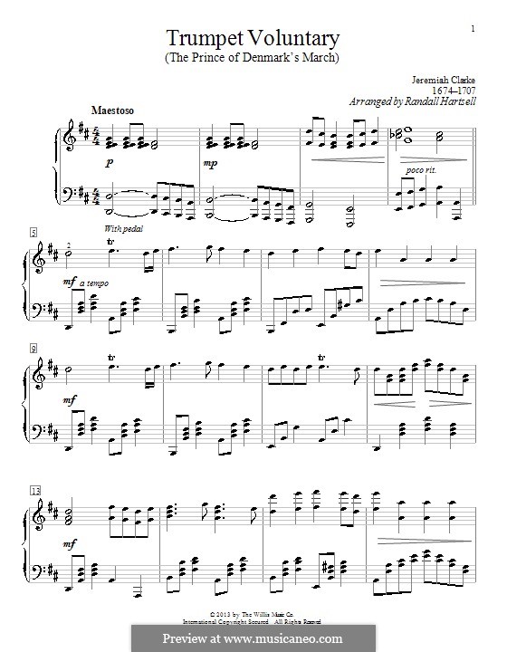 Prince of Denmark's March (Trumpet Voluntary), printable scores: For piano by Jeremiah Clarke