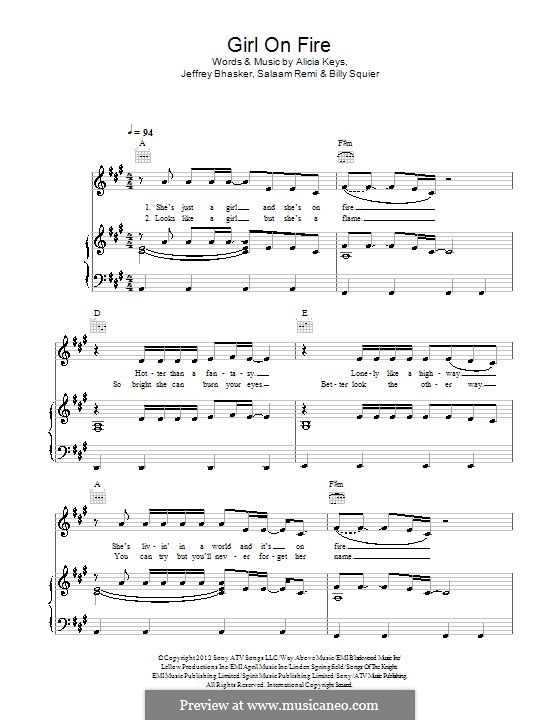 Girl on Fire: For voice and piano (or guitar) by Alicia Keys, Jeff Bhasker, Salaam Remi, Billy Squier