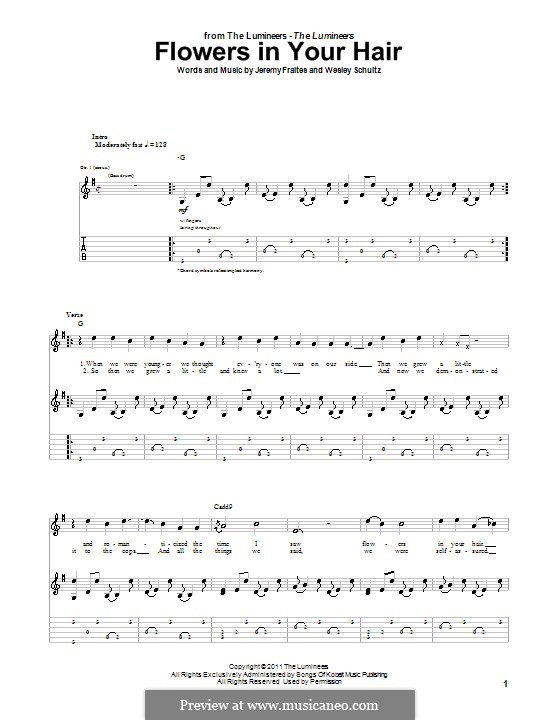 Flowers in Your Hair (The Lumineers): For guitar with tab by Jeremy Fraites, Wesley Schultz