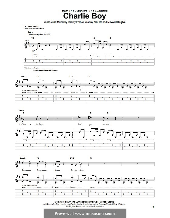 Charlie Boy (The Lumineers): For guitar with tab by Jeremy Fraites, Wesley Schultz, Maxwell Hughes