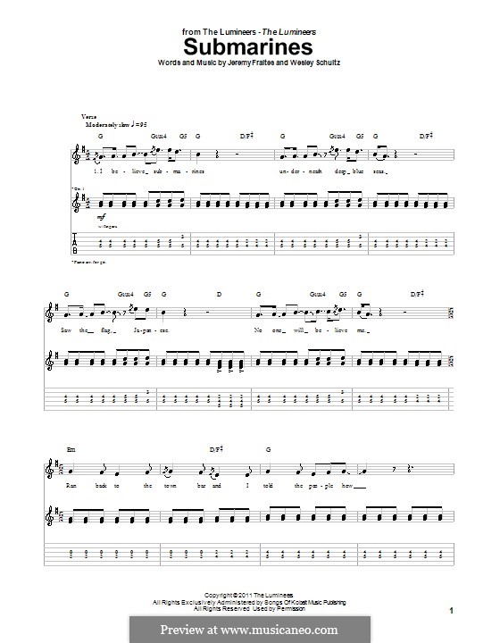 Submarines (The Lumineers): For guitar with tab by Jeremy Fraites, Wesley Schultz