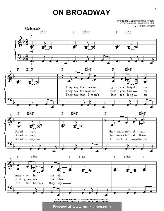 On Broadway (The Drifters): For piano by Barry Mann, Cynthia Weil, Jerry Leiber, Mike Stoller