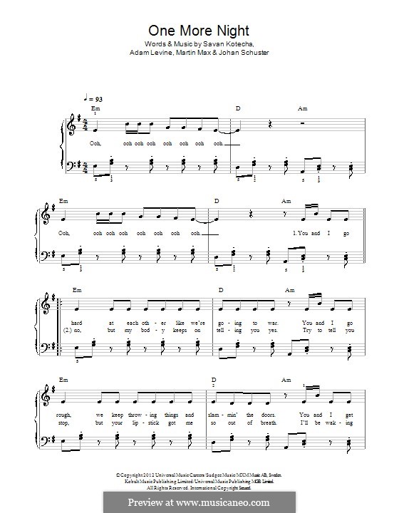 One More Night (Maroon 5): For piano by Shellback, Adam Levine, Max Martin