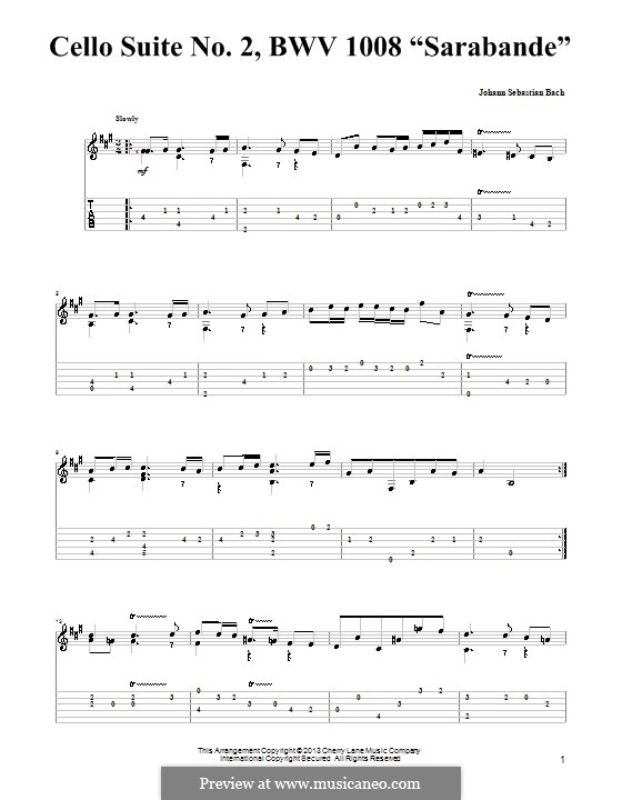 Suite for Cello No.2 in D Minor, BWV 1008: Sarabande. Version for guitar with tab by Johann Sebastian Bach