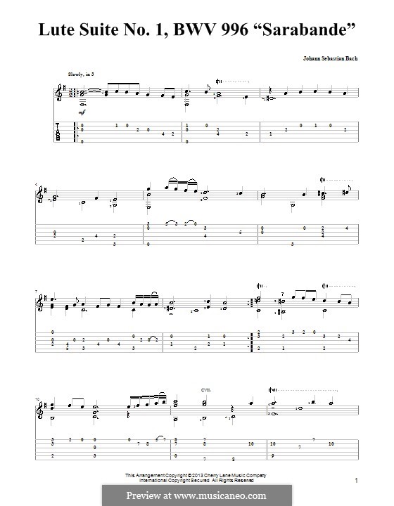 Suite for Lute (or Harpsichord) in E Minor, BWV 996: Sarabande. Version for guitar with tab by Johann Sebastian Bach