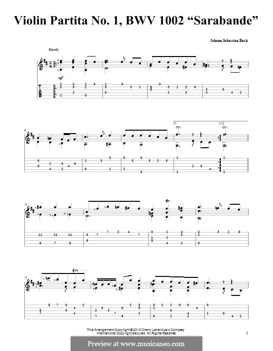 Partita for Violin No.1 in B Minor, BWV 1002: Sarabande. Version for guitar with tab by Johann Sebastian Bach