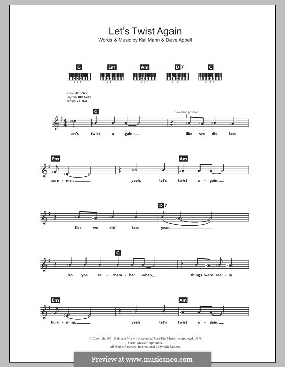 Let's Twist Again (Chubby Checker): For keyboard by Dave Appell, Kal Mann