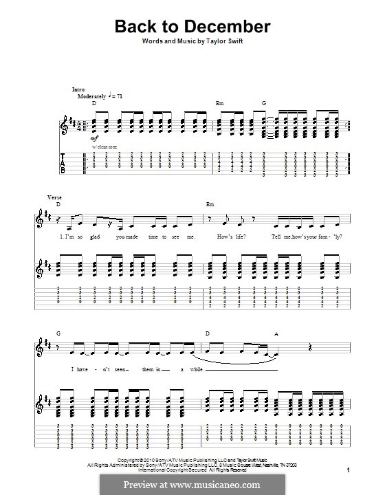 Back to December: For guitar with tab by Taylor Swift