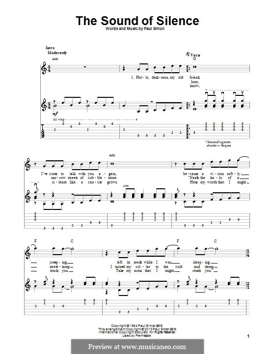 The Sound of Silence (Simon & Garfunkel): For guitar with tab by Paul Simon