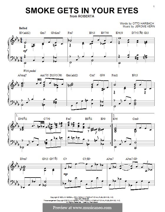 Smoke Gets in Your Eyes (from 'Roberta'): For piano (jazz version) by Jerome Kern