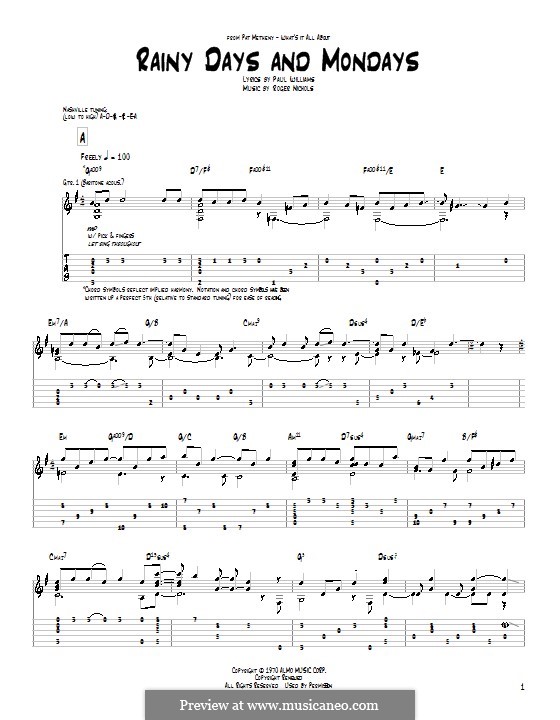 Rainy Days and Mondays (Carpenters): For guitar with tab by Paul H. Williams, Roger Nichols