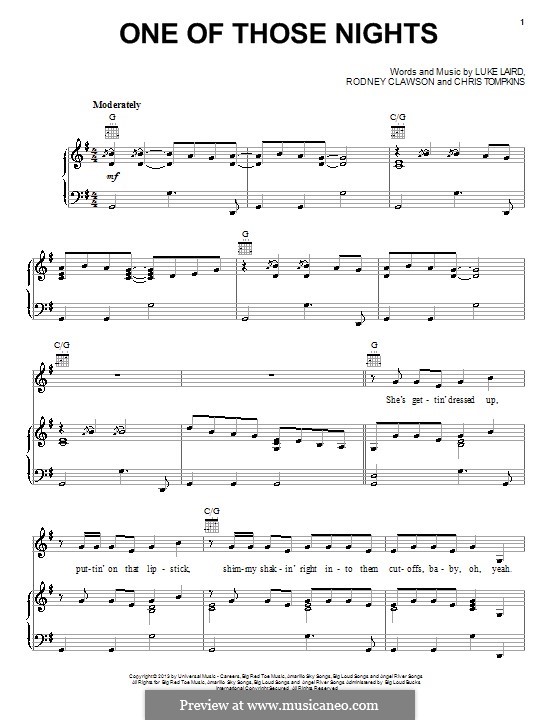 One of Those Nights: For voice and piano (or guitar) by Chris Tompkins, Luke Laird, Rodney Clawson