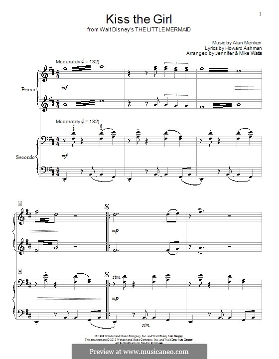 Kiss the Girl (from The Little Mermaid): For piano four hands by Alan Menken
